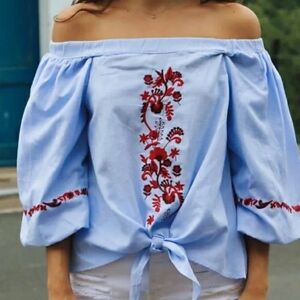 Zara Blue Off Shoulder Top w/ Red Embroidery
